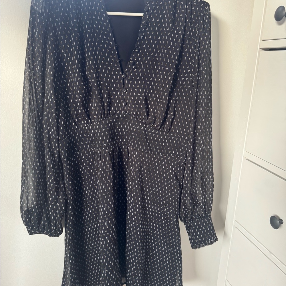 Dynamite Black and White V-Neck Sundress with Bishop Sleeves
